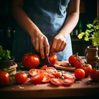 sconosciuto donna mani cucinando nel cucina rosso pomodori frutta e cibo concetto foto