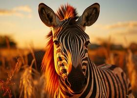 zebra nel il campo retroilluminato caldo illuminazione tramonto natura. generativo ai. foto