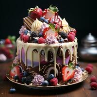 compleanno torta con vario frutta sapori, per compleanno celebrazioni e i regali a partire dal amato quelli. grande per attività commerciale, sito web, i saldi, blog, media, compleanno pane ispirazione eccetera. ai generativo design foto