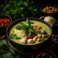 pollo verde curry nel un' ciotola, tailandese cibo. generativo ai. foto