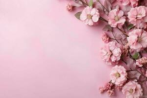 rosa fiori nel flatlay su rosa sfondo con copia spazio, superiore Visualizza. generativo ai. foto