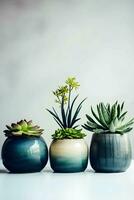 ceramica contenitori con succulente su il tavolo, con generativo ai. foto