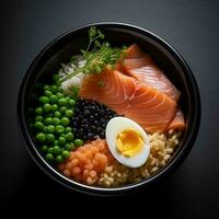 delizioso pasto di diverso , uovo, salmone, cereali pomodori, sesamo semi e alga marina nel nero piatto, asiatico cucina. generativo ai. foto