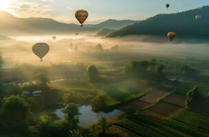 caldo aria palloncini volare al di sopra di rurale paesaggio con generativo ai. foto