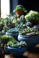 ceramica contenitori con succulente su il tavolo, con generativo ai. foto