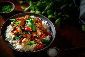 Saltato in padella basilico e pollo e riso - tailandese strada cibo. generativo ai. foto