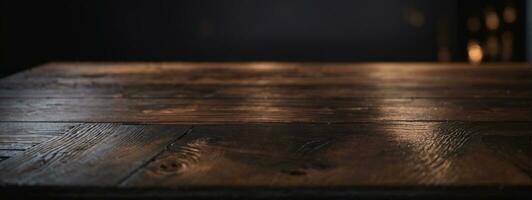 di legno tavolo con buio sfocato sfondo.. ai generato foto