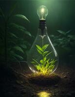 verde concetto verde leggero lampadina con verde vita e ambiente. ai generativo foto