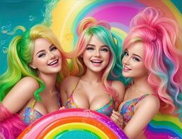 ai generativo, bellissimo donne styled piace bambole con arcobaleno colori foto