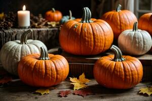 collezione di fatto a mano gesso zucche. bandiera per autunno di stagione vacanze sfondo. Fai da te mestiere pumkins per ciao, ringraziamento, autunno decorazione. ai generato foto