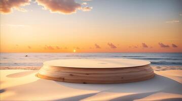 ai generativo, vuoto arrotondato di legno podio Prodotto Schermo su bianca sabbia spiaggia al di sopra di il oceano foto