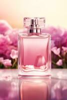 lussuoso floreale profumo, fragranza bottiglia e rosa fiori, profumo commerciale nel fiore giardino, su misura profumeria e bellezza Prodotto saldi, generativo ai foto