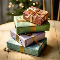 Natale i regali e regali, nazione Villetta rustico stile regalo scatole per vacanza, boxe giorno e vacanze acquisti, generativo ai foto