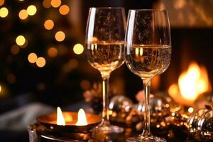 scintillante vino, proseco o Champagne nel davanti di un' camino su un' vacanza vigilia celebrazione, allegro Natale, contento nuovo anno e contento vacanze foto