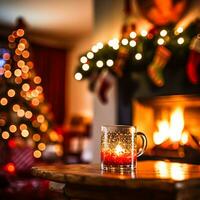 Natale arredamento, vacanza tempo e nazione Villetta stile, accogliente atmosfera, decorazioni nel il inglese campagna Casa con Natale albero e camino su sfondo, inverno vacanze foto