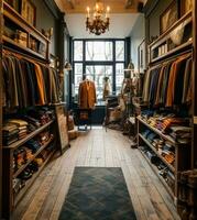 alto strada Al dettaglio, piccolo attività commerciale e commerciale interno, moda memorizzare nel il inglese campagna stile, elegante nazione capi di abbigliamento negozio showroom e lussuoso boutique nel il vecchio cittadina, generativo ai foto