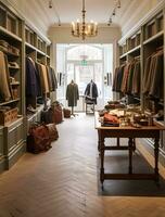 alto strada Al dettaglio, piccolo attività commerciale e commerciale interno, moda memorizzare nel il inglese campagna stile, elegante nazione capi di abbigliamento negozio showroom e lussuoso boutique nel il vecchio cittadina, generativo ai foto