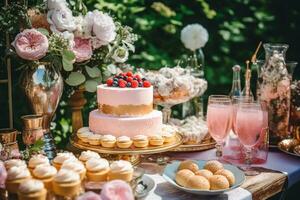 nozze torta con floreale arredamento, festa celebrazione e vacanza dolce ristorazione nel un' nazione giardino, generativo ai foto