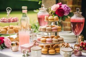 nozze buffet tavolo, evento dolce cibo ristorazione per nozze, festa e vacanza celebrazione, torte, dolci e dolci nel un' nazione giardino, generativo ai foto