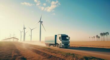 un' grande vento turbina essere trasportato di un' camion nel il campo foto