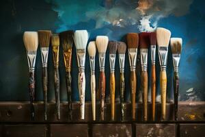 dipingere spazzole su un' di legno mensola nel un dell'artista studio. artisti angolo, assortito sporco pittura spazzole, ai generato foto