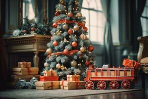Là siamo giocattoli sotto il decorato Natale albero foto