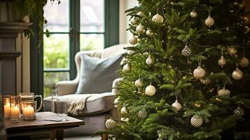 Natale albero decorazioni per il inglese nazione villetta, casa arredamento, Casa nel il campagna e vacanza celebrazione foto