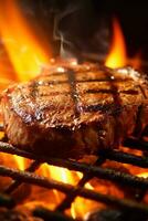 carne Manzo bistecca grigliato su fuoco, cibo bbq e caldo griglia, generativo ai foto
