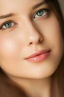 naturale bellezza e no trucco Guarda, bellissimo giovane donna come pelle cura cosmetici e femminile marca concetto, viso ritratto foto