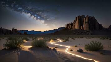 illuminante il incantevole deserto, un' maestoso ore notturne paesaggio svela della natura aspro eleganza sotto un' stellato cielo. ai generato foto