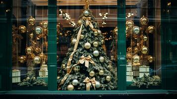 Natale decorazione dettagli su inglese styled lusso alto strada città memorizzare porta o shopping finestra Schermo, vacanza vendita e negozio arredamento foto