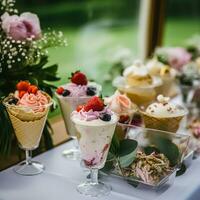 ghiaccio crema dolci buffet tavolo, evento cibo ristorazione per nozze, festa e vacanza celebrazione, ghiaccio creme e fiori arredamento nel un' floreale campagna giardino, generativo ai foto