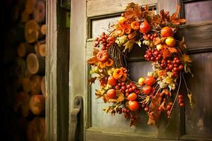 autunno ghirlanda decorazione su un' classico porta Entrata, accogliente autunno vacanza stagione con autunnale decorazioni, generativo ai foto