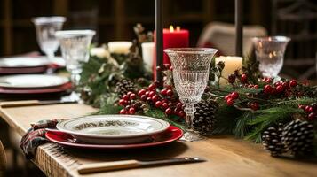 Natale tavolo arredamento, vacanza tablescape e cena tavolo ambientazione, formale evento decorazione per nuovo anno, famiglia celebrazione, inglese nazione e casa messa in piega foto