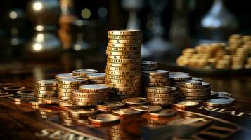 oro monete i soldi su il tavolo. attività commerciale finanza e ricchezza accumulo concetto foto