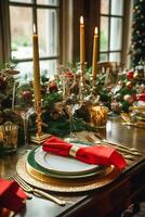 Natale tavolo scappa, elegante formale cena tavolo ambientazione, tablescape con vacanza decorazione per festa evento celebrazione, generativo ai foto