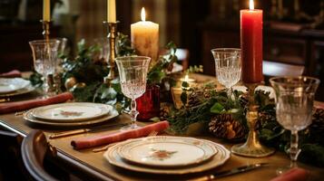 Natale tavolo arredamento, vacanza tablescape e cena tavolo ambientazione, formale evento decorazione per nuovo anno, famiglia celebrazione, inglese nazione e casa messa in piega foto