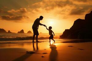 padre e figlio sagome a tramonto spiaggia. generativo ai foto