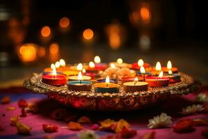 Diwali celebrazione. diya olio lampade su buio sfondo. generativo ai foto