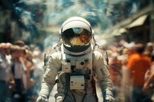 astronauta indossare spazio completo da uomo a affollato strada nel corsa ora. generativo ai foto