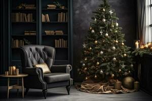 accogliente casa interno con decorato Natale albero. generativo ai foto