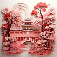 carta tagliare stile, giapponese giardino con ciliegia fiori. decorazione con meravigliosamente fioritura ciliegia alberi, sakura e giapponese pagode foto