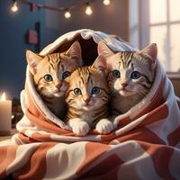 un' gruppo di adorabile gattini coccolato su insieme nel un' accogliente coperta forte arte di ai generativo foto