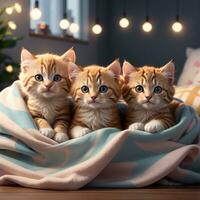 un' gruppo di adorabile gattini coccolato su insieme nel un' accogliente coperta forte arte di ai generativo foto