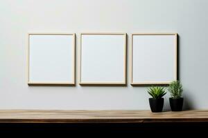 tre manifesti telaio su un' parete e di legno tavolo ai generativo foto