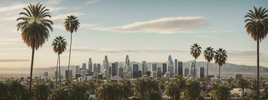 los angeles orizzonte con palma alberi nel il primo piano. ai generato foto