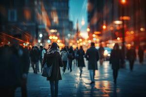 donna a piedi su il strada a notte nel il città. sfocato sfondo, folla di persone a piedi nel il città a notte. sfocato sfondo, ai generato foto