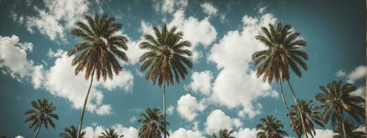 blu cielo e palma alberi Visualizza a partire dal sotto, Vintage ▾ stile, tropicale spiaggia e estate sfondo, viaggio concetto. ai generato foto