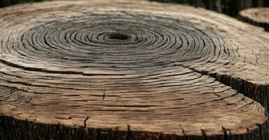 caldo grigio tagliare legna struttura. dettagliato nero e bianca struttura di un' abbattuto albero tronco o ceppo. ruvido biologico albero anelli con vicino su di fine grano.. ai generato foto