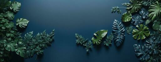 collezione di tropicale foglie, fogliame pianta nel blu colore con spazio sfondo. ai generato foto